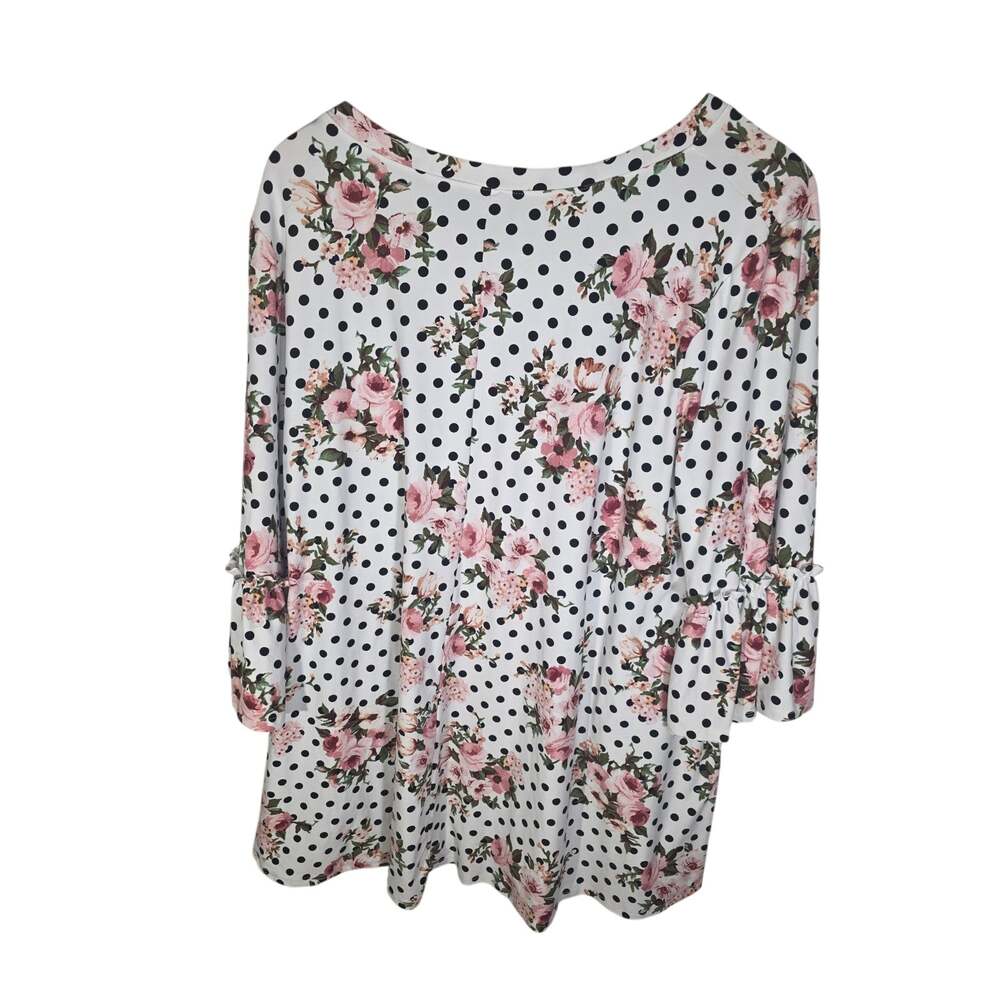 Celeste Womens Floral Polka Dot Tunic Top White Black Pink Bell Sleeve Size L/XL